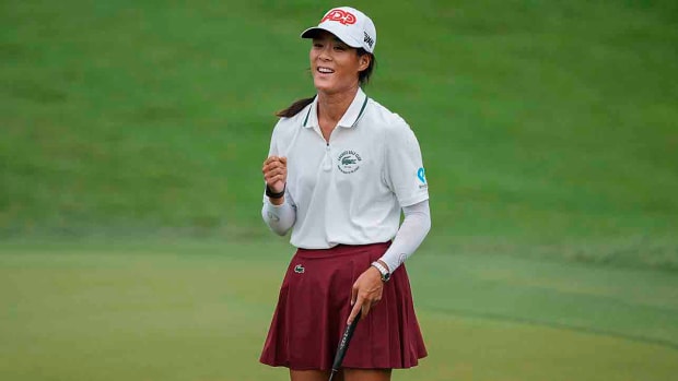 Celine Boutier of France reacts after winning the 2023 LPGA Maybank Championship in Kuala Lumpur, Malaysia.